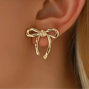 Vintage Elegant Gold Bow Earrings Stainless Steel Posts